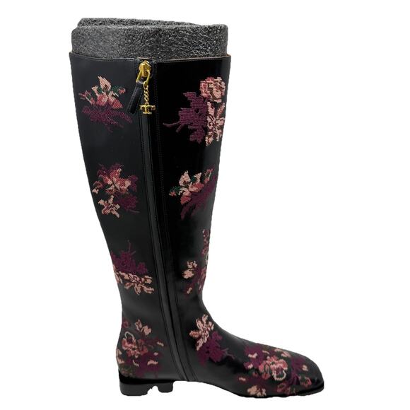 Tory Burch square toe 20MM Knee boot embroidered black leather 7.5 - Picture 5 of 12